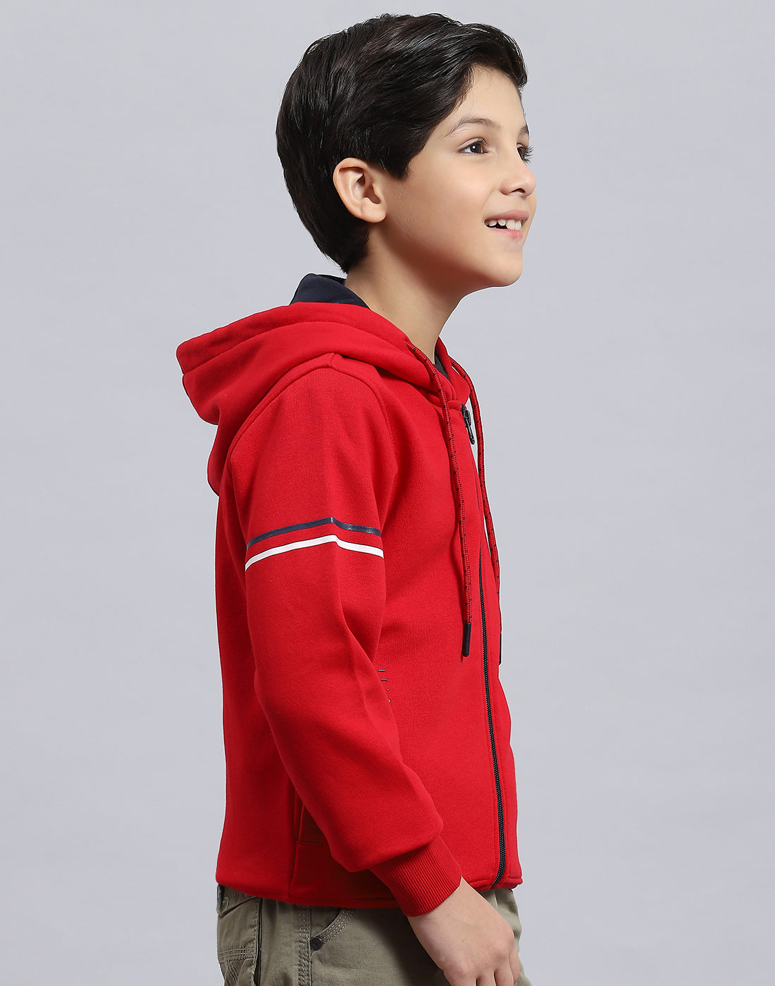 Boys Red Printed Hooded Full Sleeve Sweatshirt