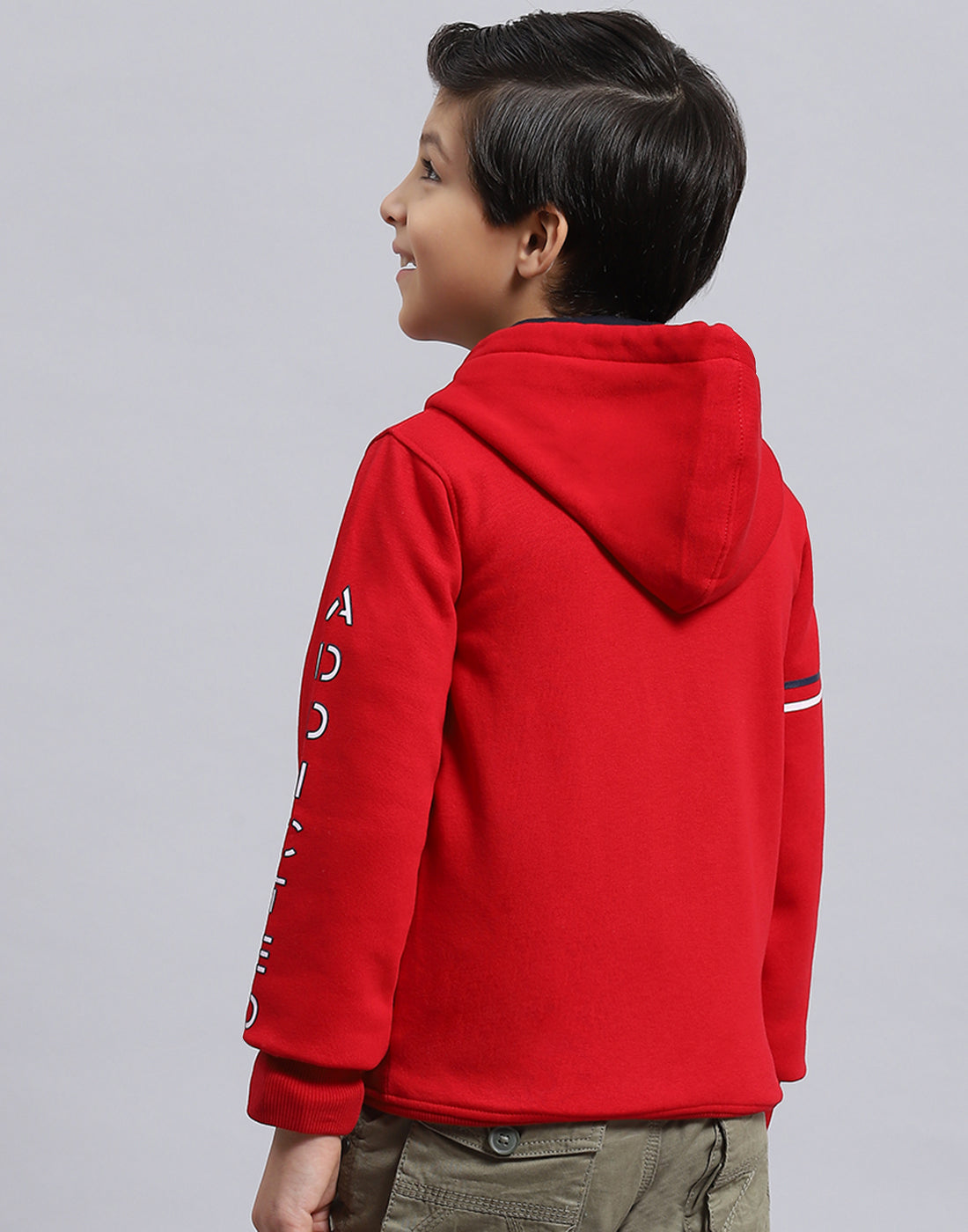 Boys Red Printed Hooded Full Sleeve Sweatshirt