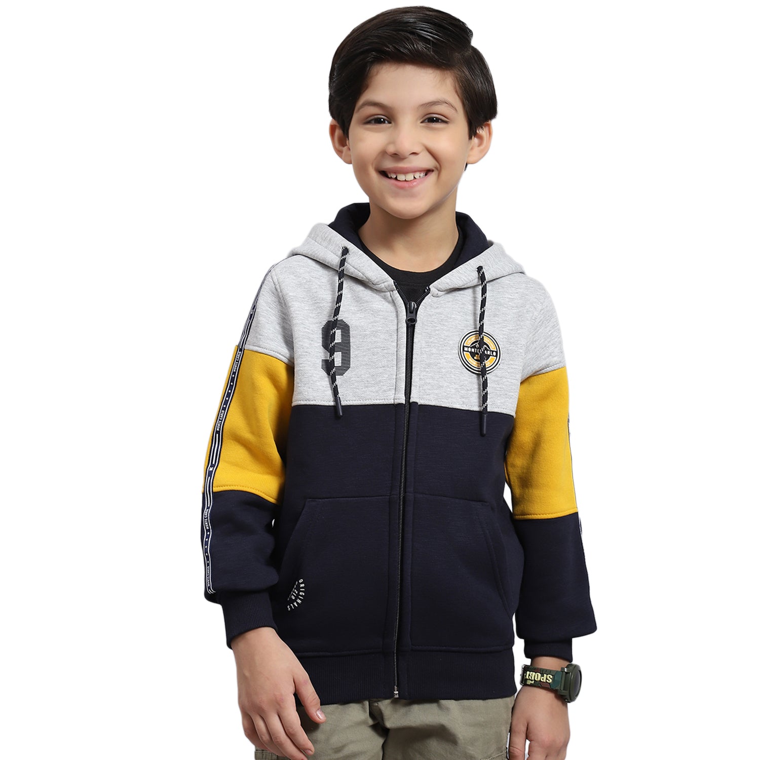 Boys Navy Blue Printed Hooded Full Sleeve Sweatshirt