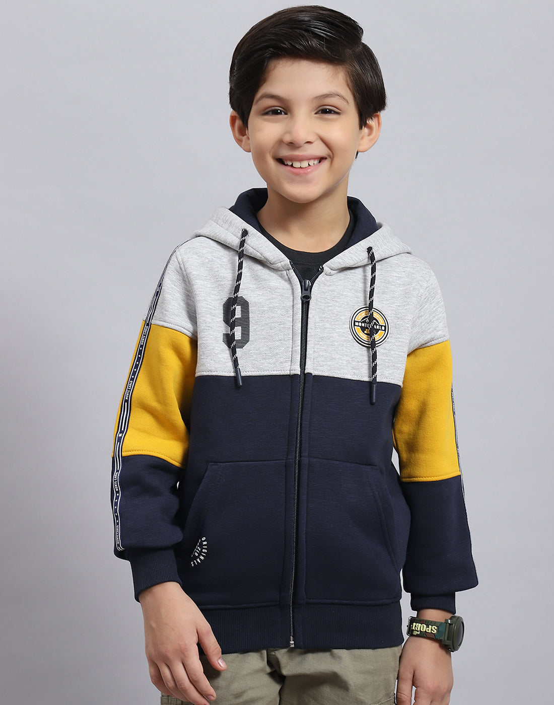 Boys Navy Blue Printed Hooded Full Sleeve Sweatshirt