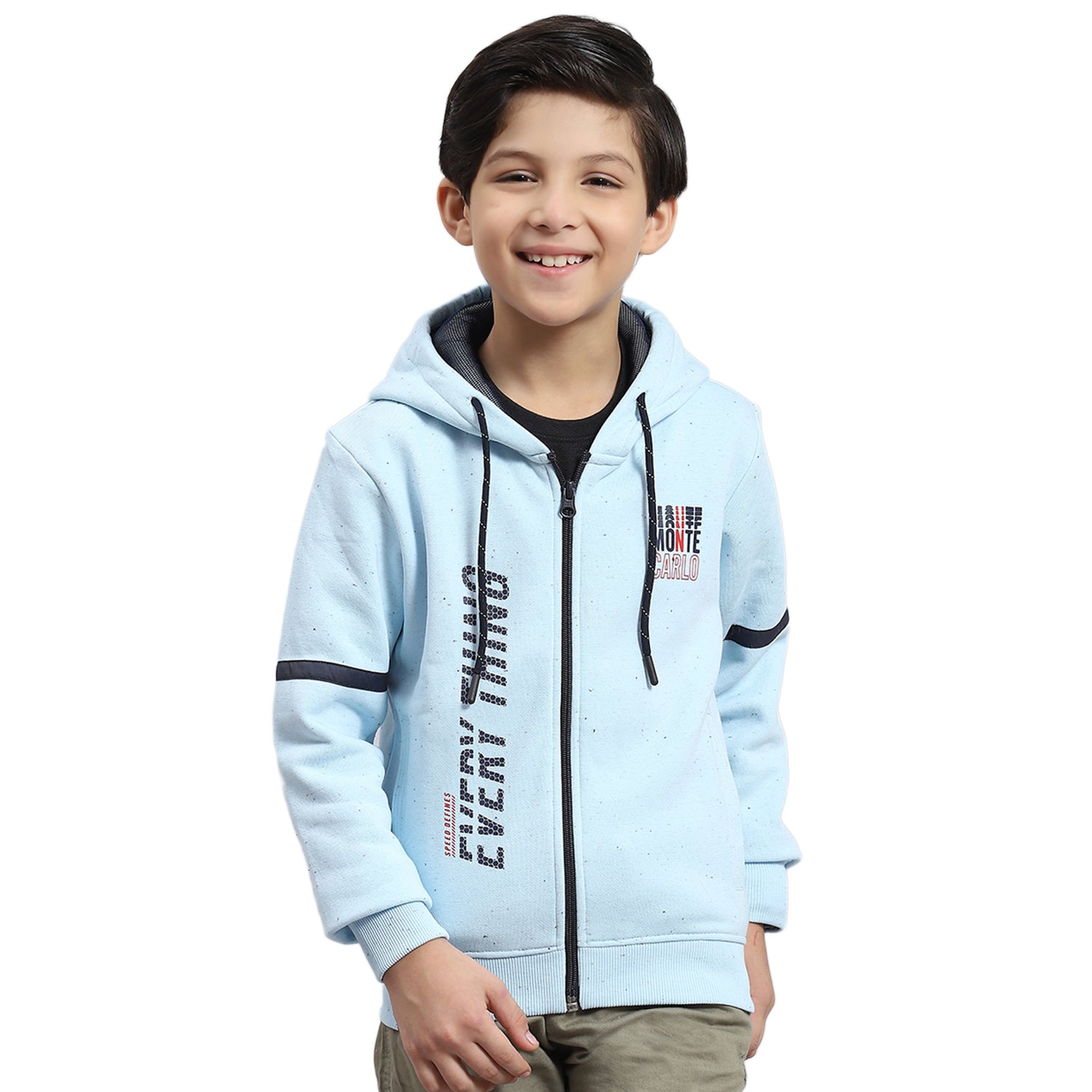 Boys Blue Printed Hooded Full Sleeve Sweatshirt