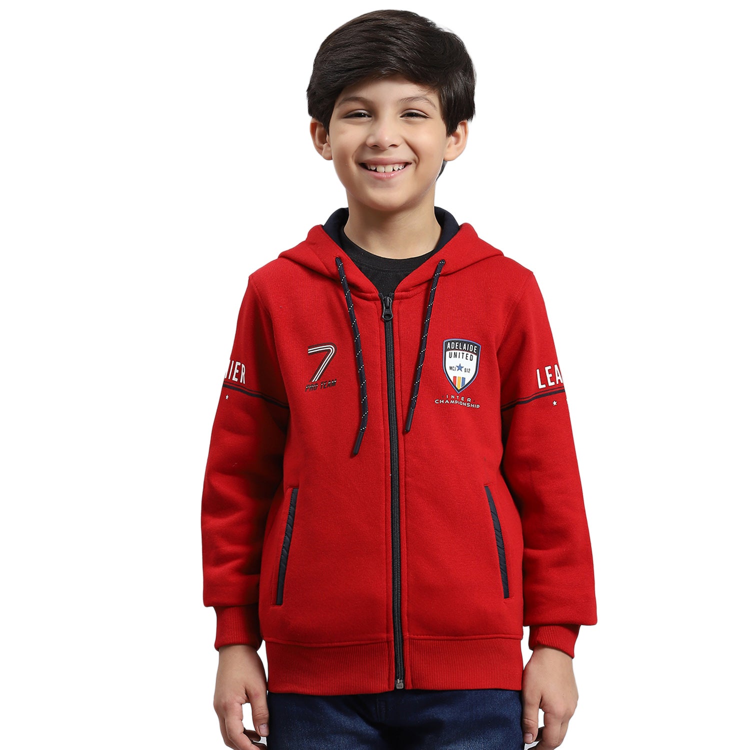 Boys Red Printed Hooded Full Sleeve Sweatshirt