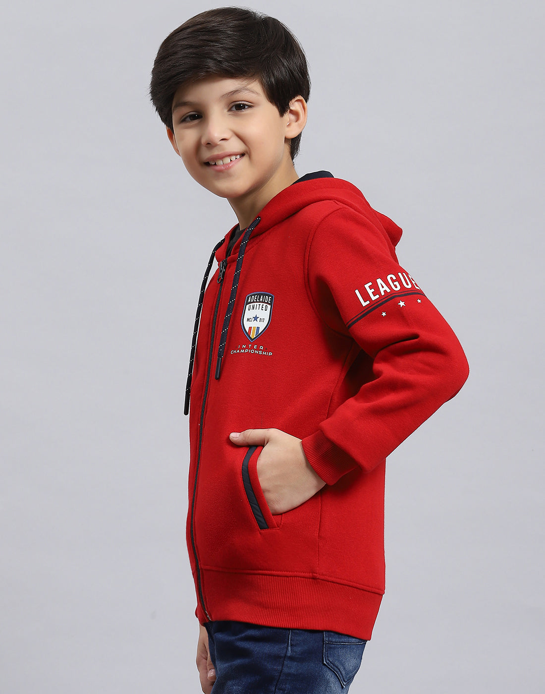 Boys Red Printed Hooded Full Sleeve Sweatshirt