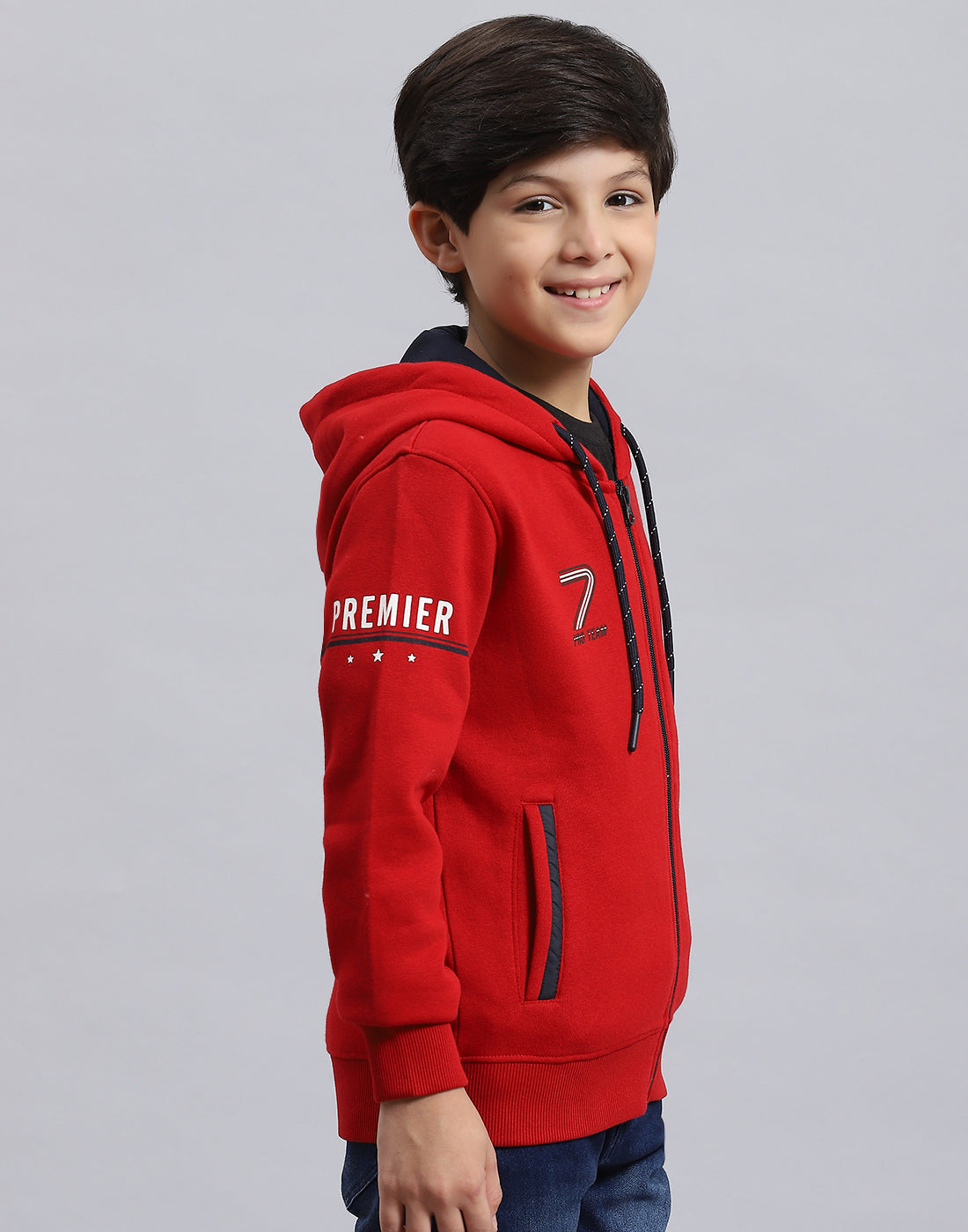 Boys Red Printed Hooded Full Sleeve Sweatshirt