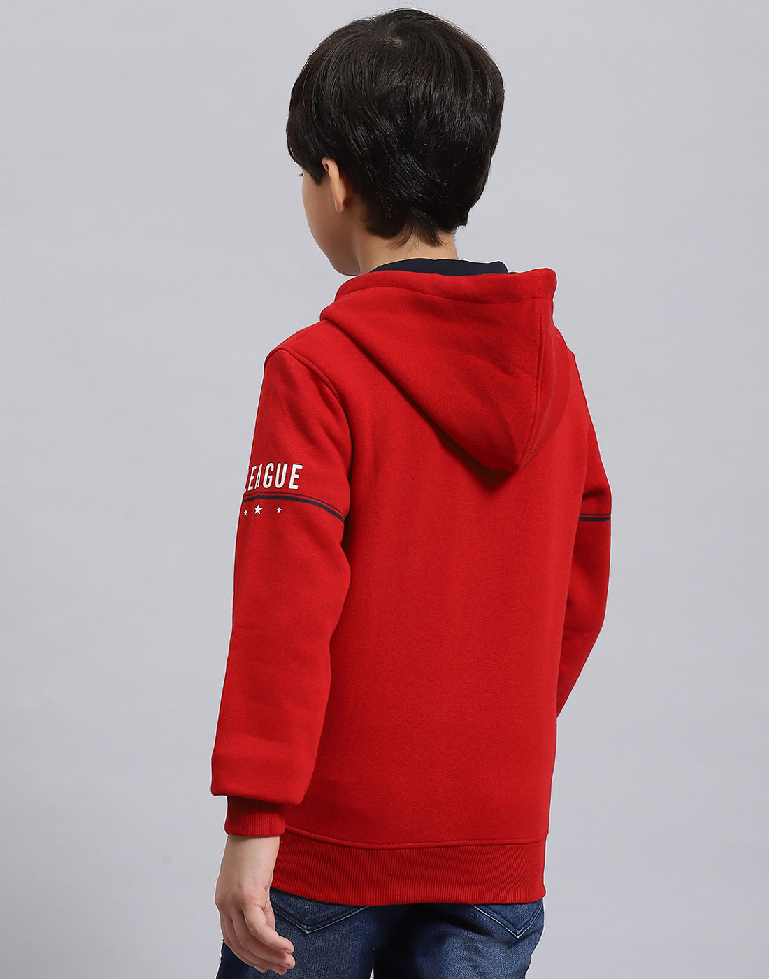 Boys Red Printed Hooded Full Sleeve Sweatshirt