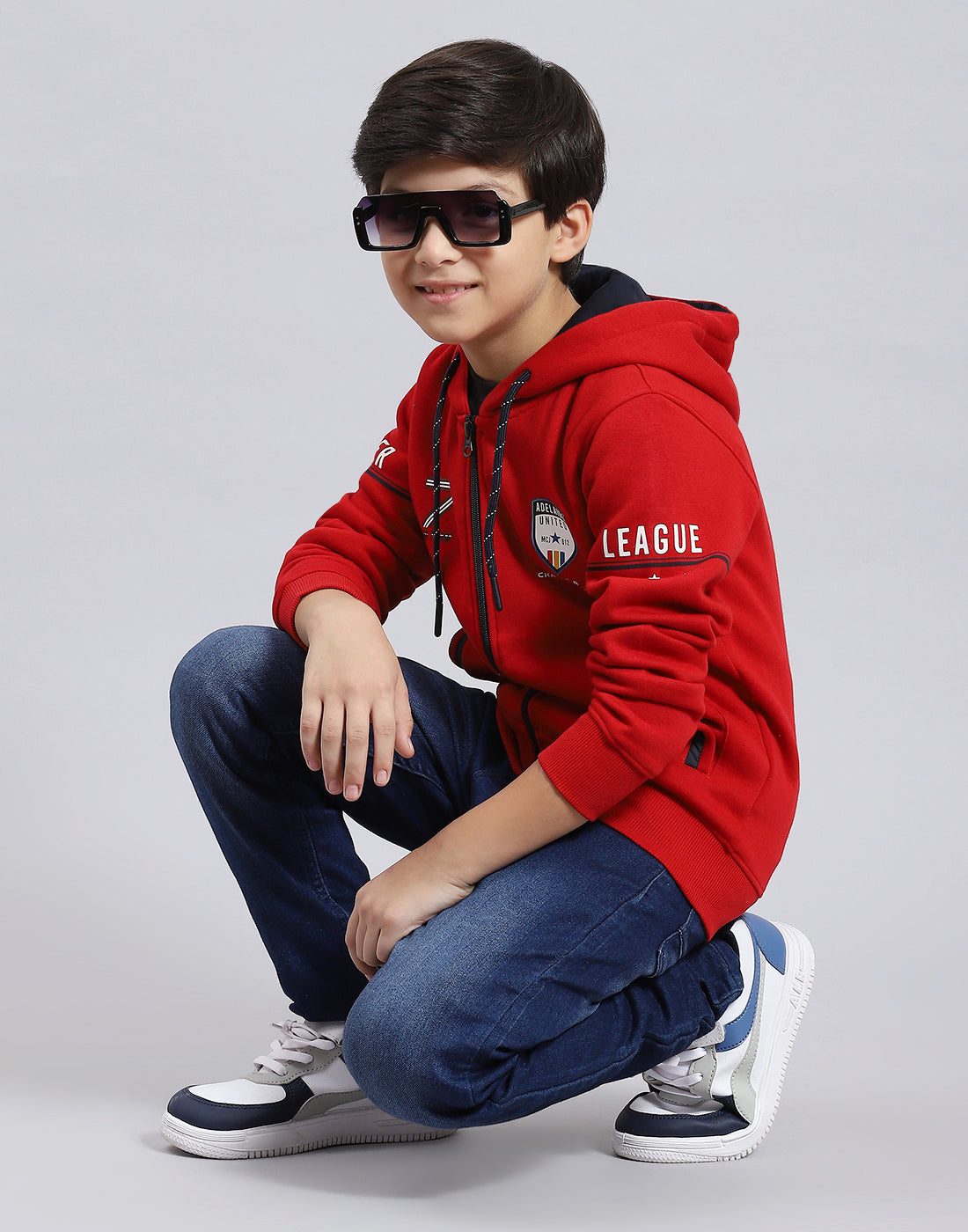 Boys Red Printed Hooded Full Sleeve Sweatshirt