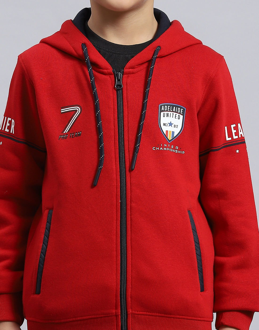 Boys Red Printed Hooded Full Sleeve Sweatshirt