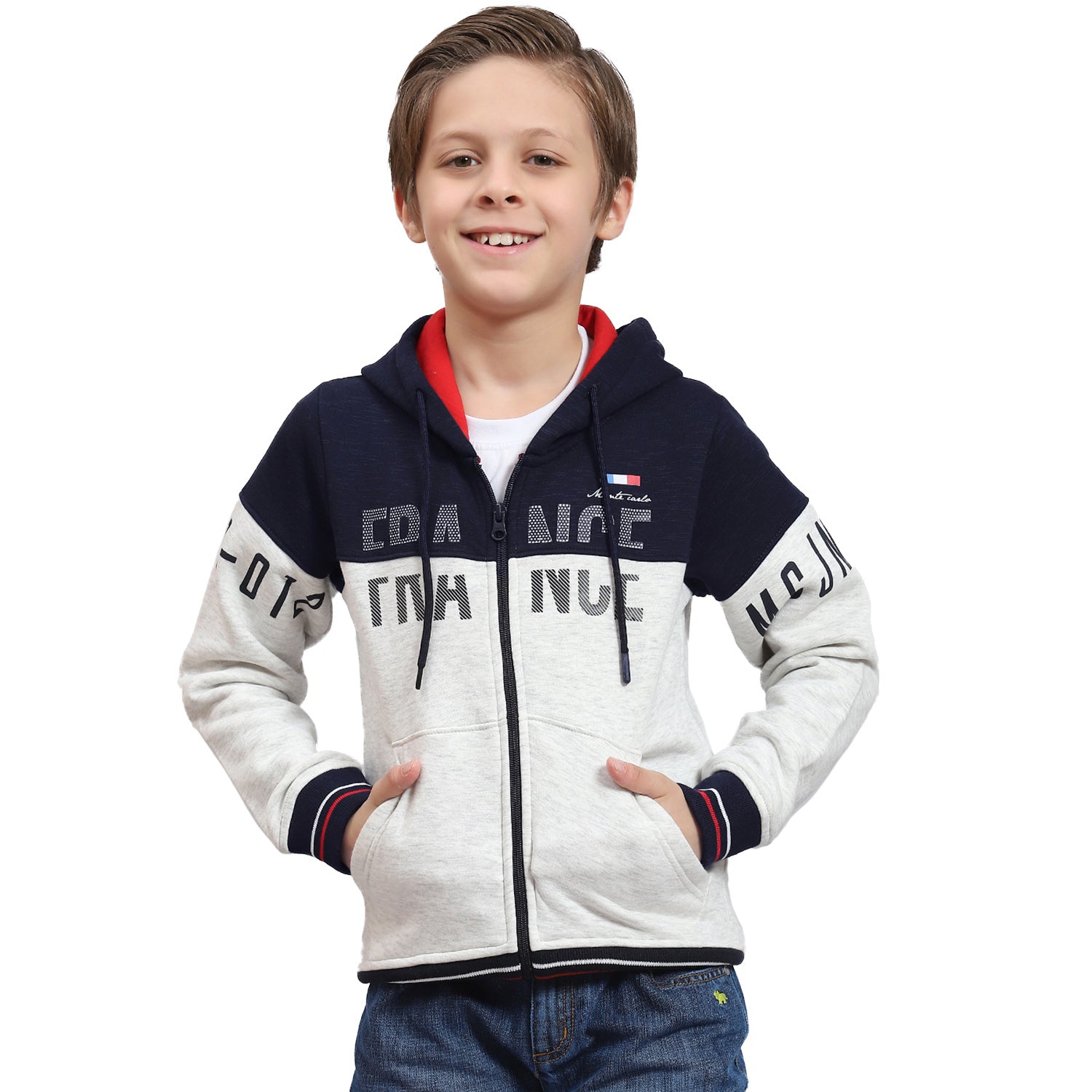 Boys Navy Blue Printed Hooded Full Sleeve Sweatshirt