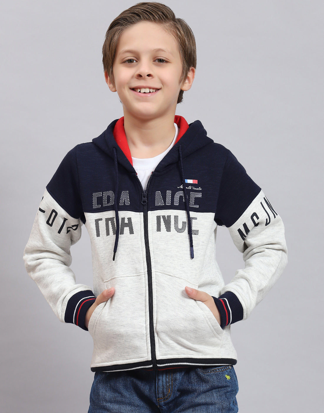 Boys Navy Blue Printed Hooded Full Sleeve Sweatshirt