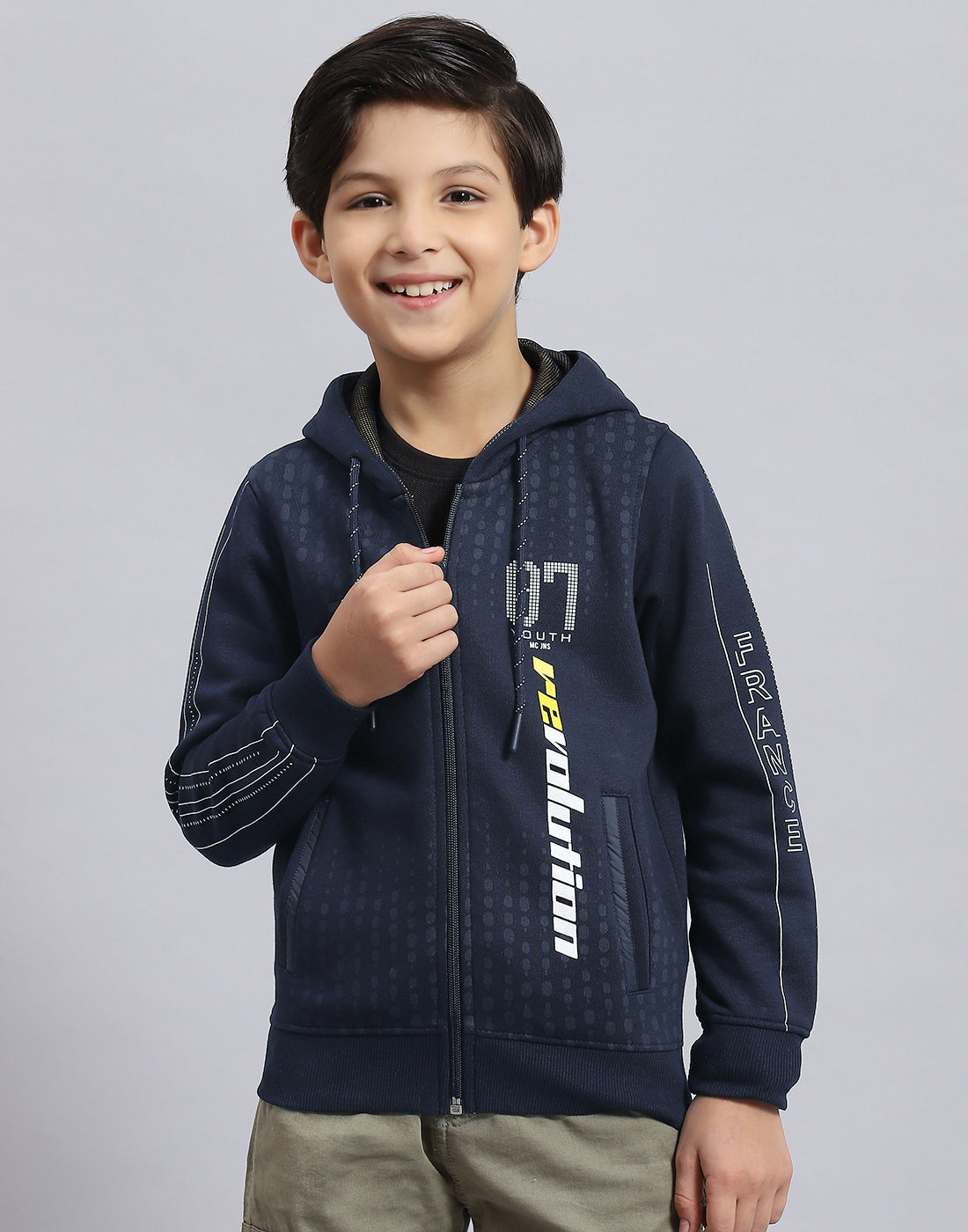 Boys Navy Blue Printed Hooded Full Sleeve Sweatshirt