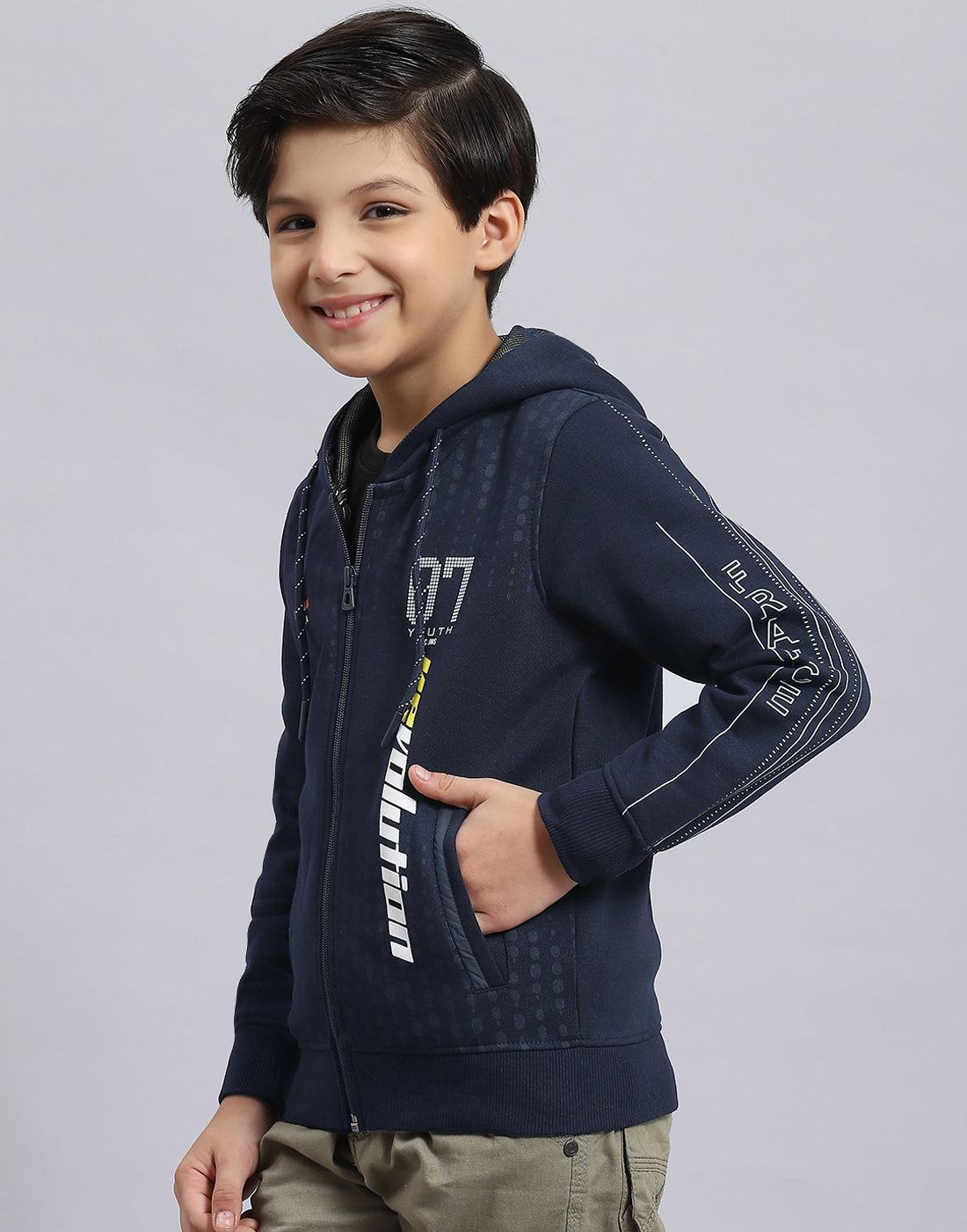 Boys Navy Blue Printed Hooded Full Sleeve Sweatshirt