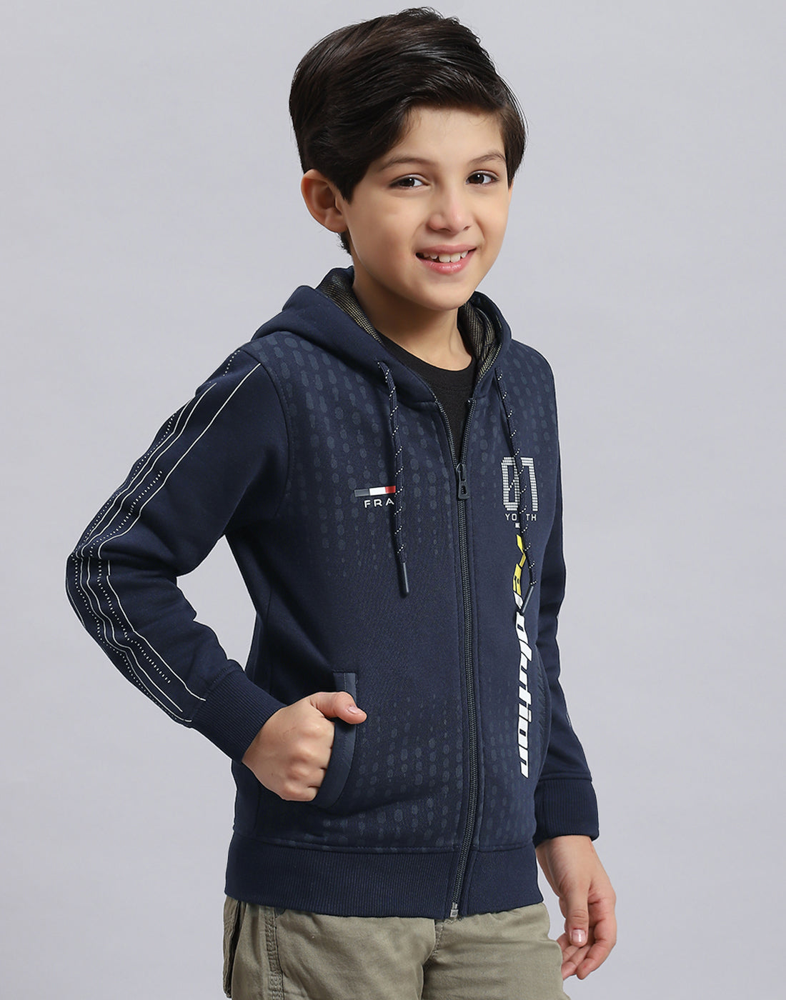 Boys Navy Blue Printed Hooded Full Sleeve Sweatshirt