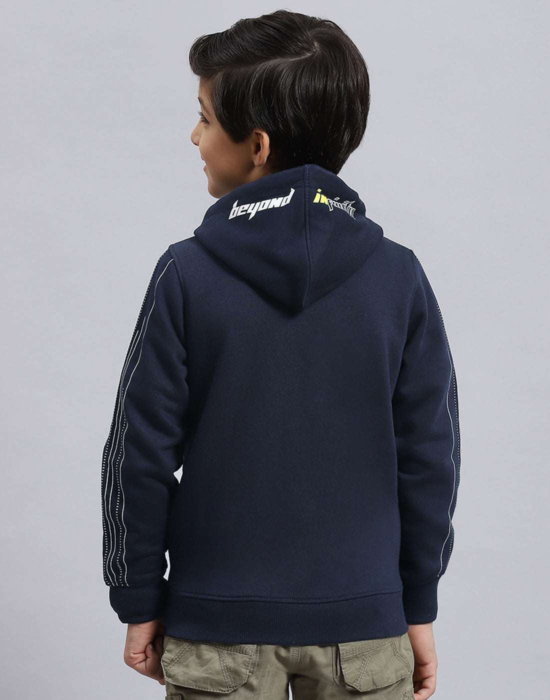 Boys Navy Blue Printed Hooded Full Sleeve Sweatshirt