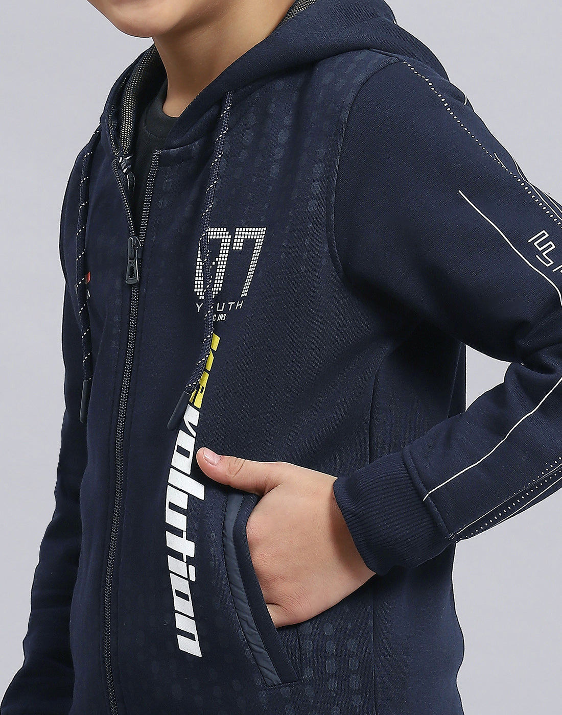 Boys Navy Blue Printed Hooded Full Sleeve Sweatshirt