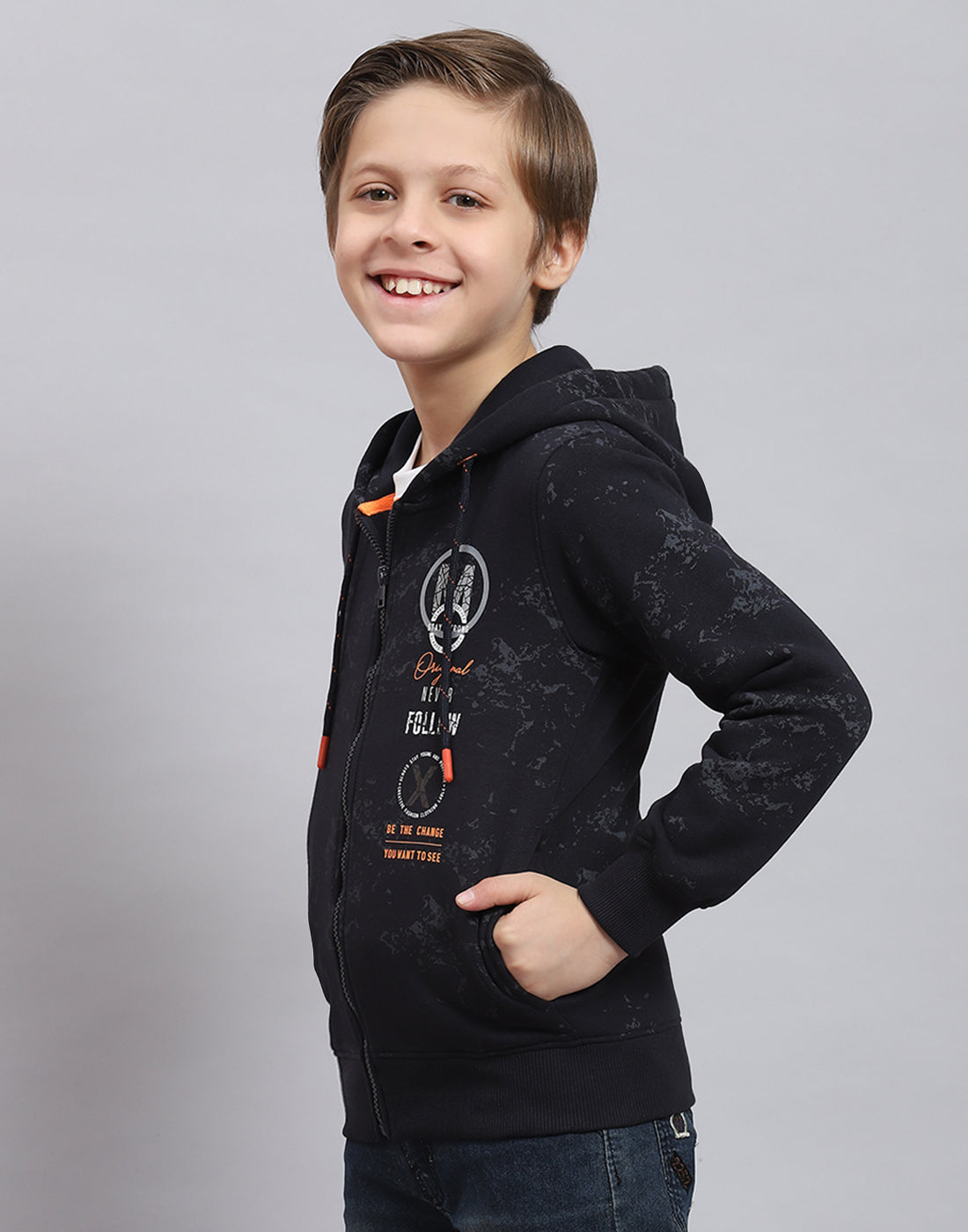 Boys Navy Blue Printed Hooded Full Sleeve Sweatshirt