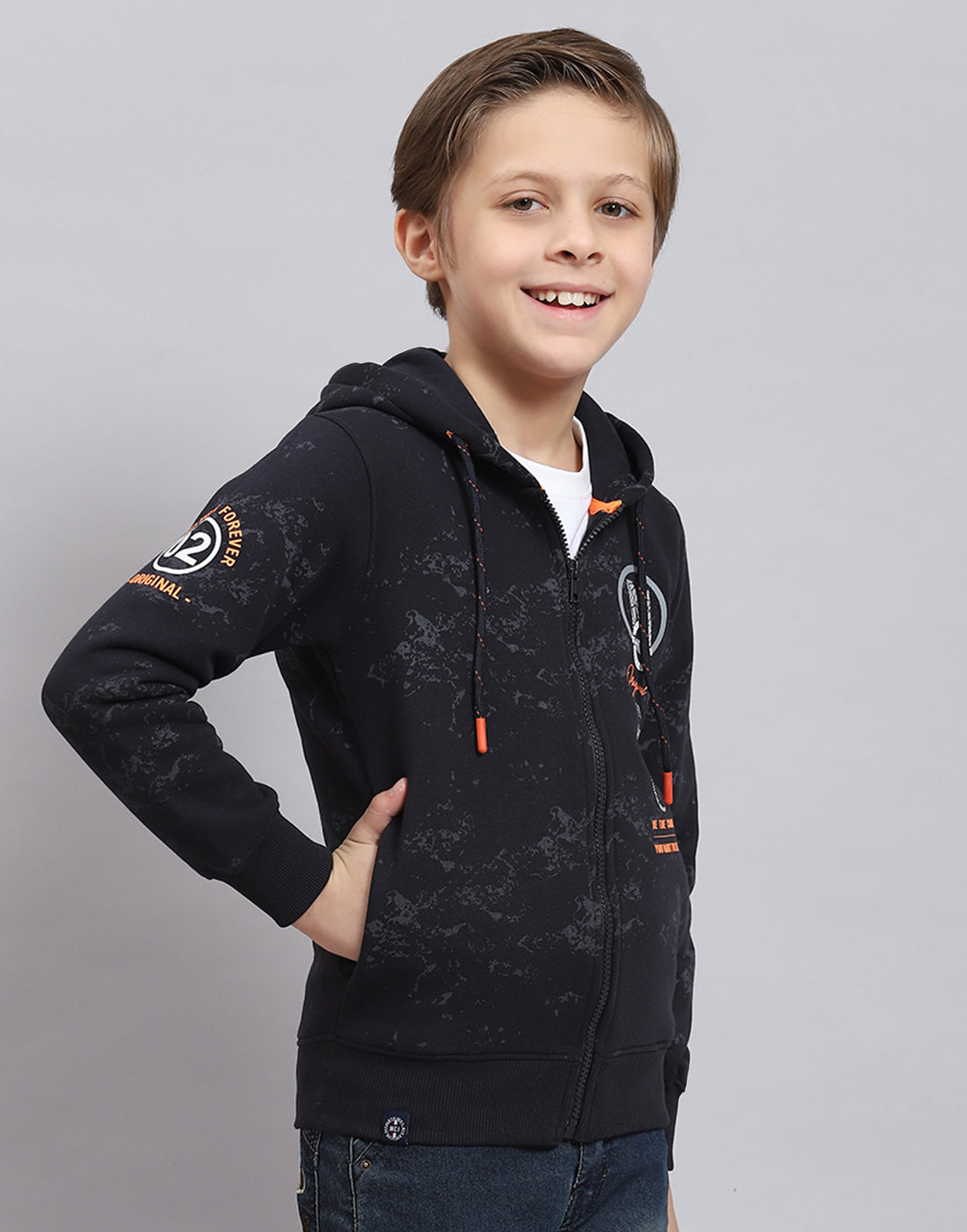 Boys Navy Blue Printed Hooded Full Sleeve Sweatshirt