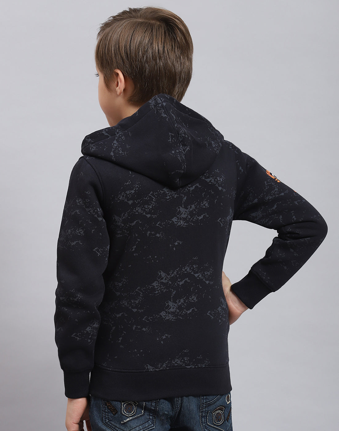 Boys Navy Blue Printed Hooded Full Sleeve Sweatshirt