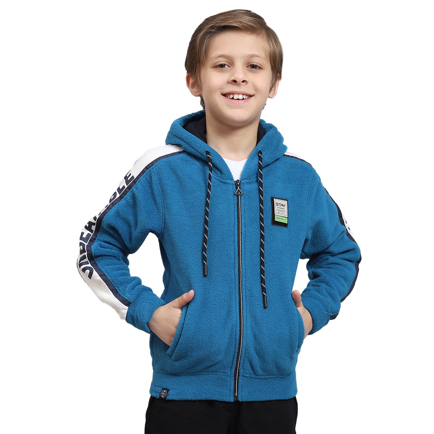 Boys Blue Printed Hooded Full Sleeve Sweatshirt