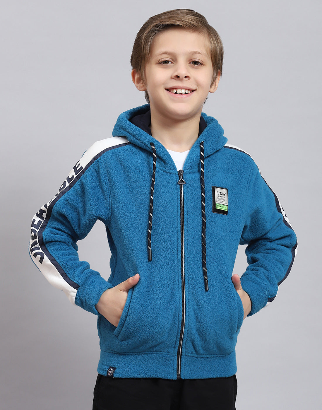 Boys Blue Printed Hooded Full Sleeve Sweatshirt