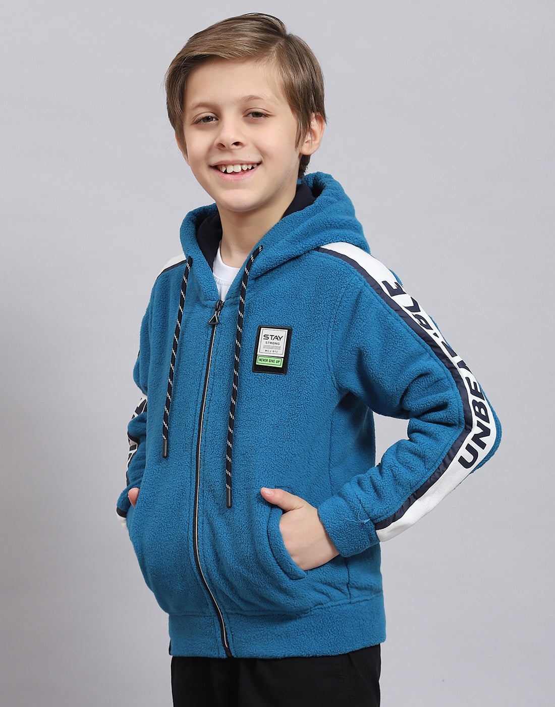 Boys Blue Printed Hooded Full Sleeve Sweatshirt