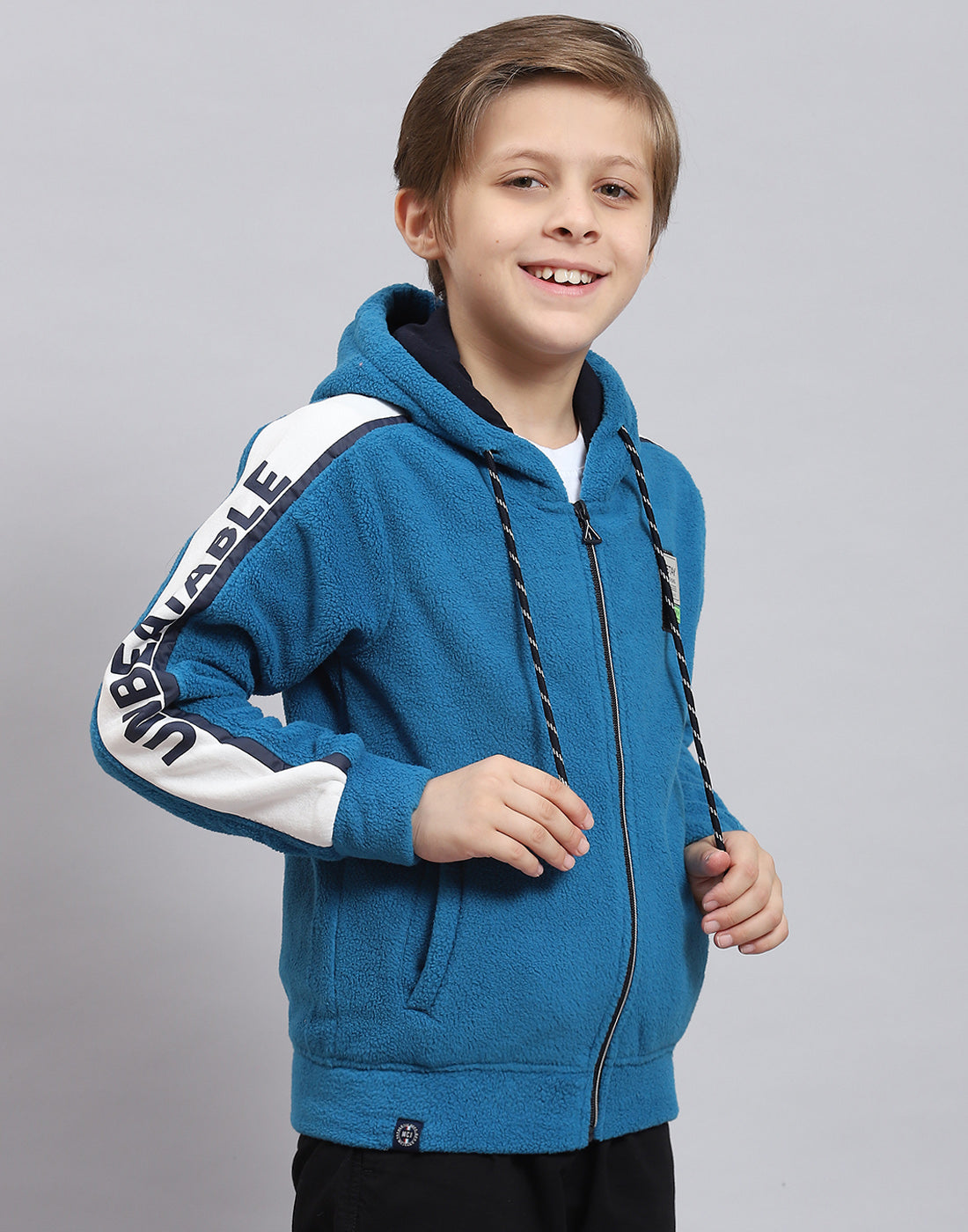 Boys Blue Printed Hooded Full Sleeve Sweatshirt