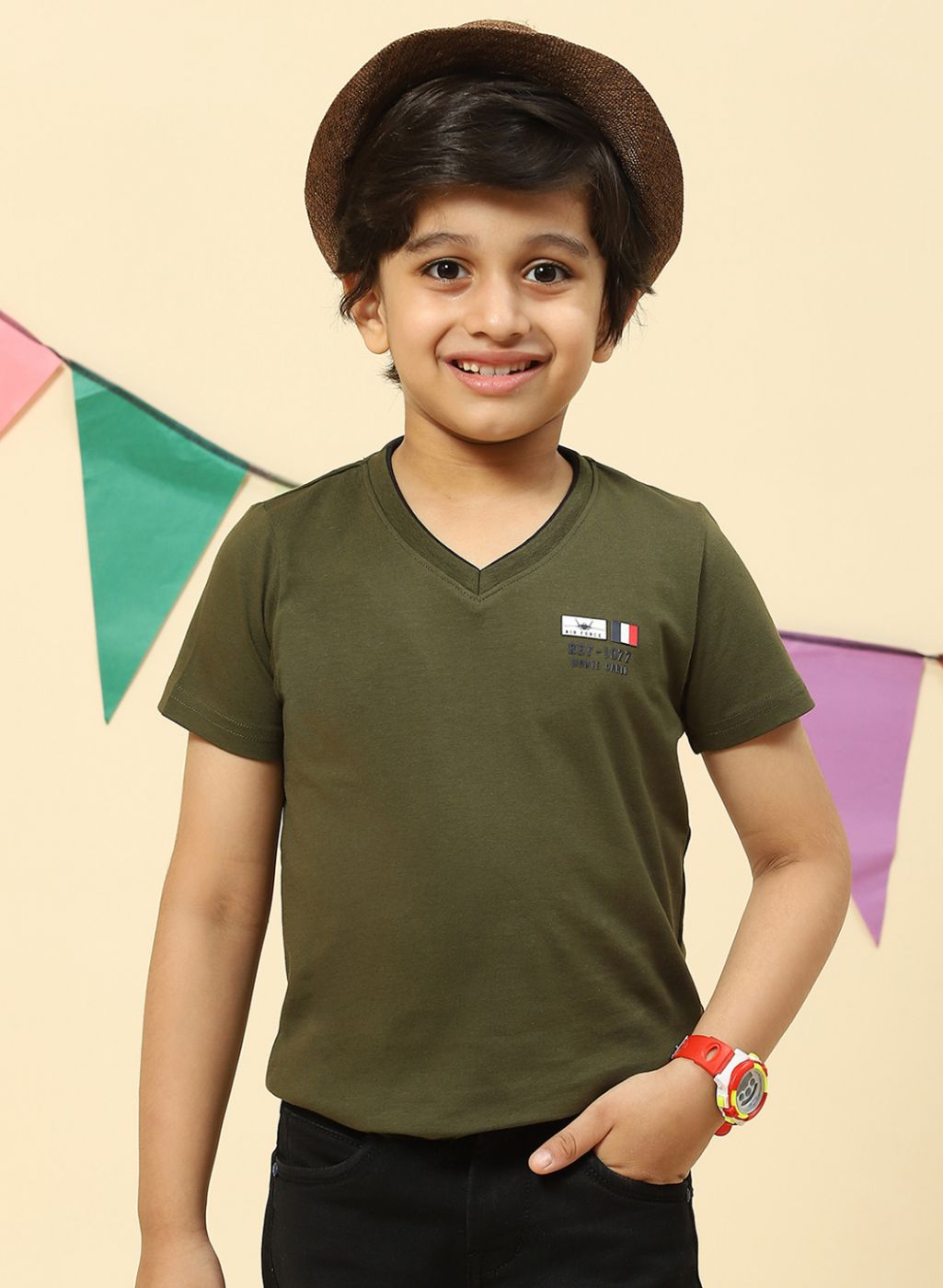 Boys Olive Printed T-Shirt