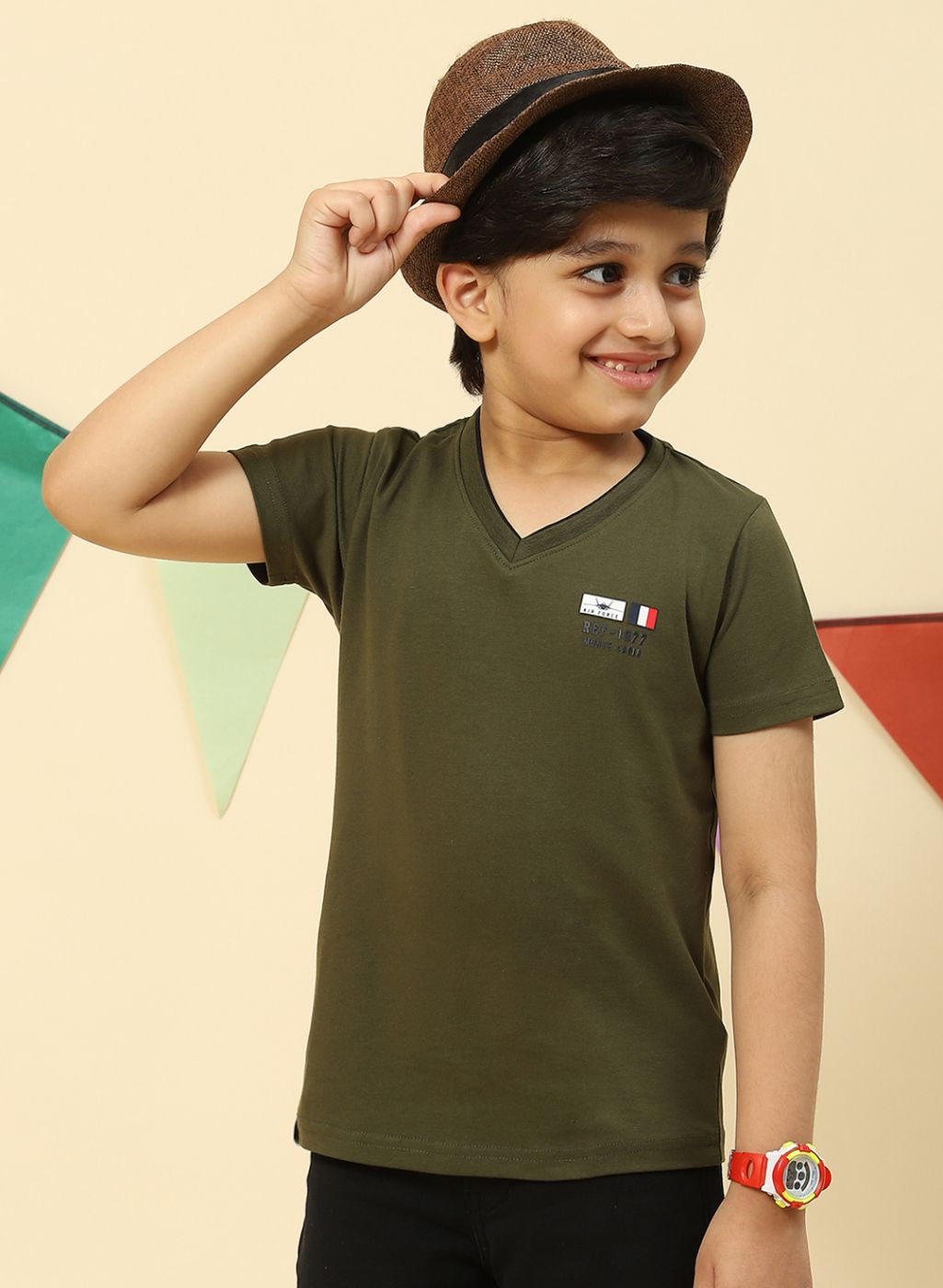 Boys Olive Printed T-Shirt