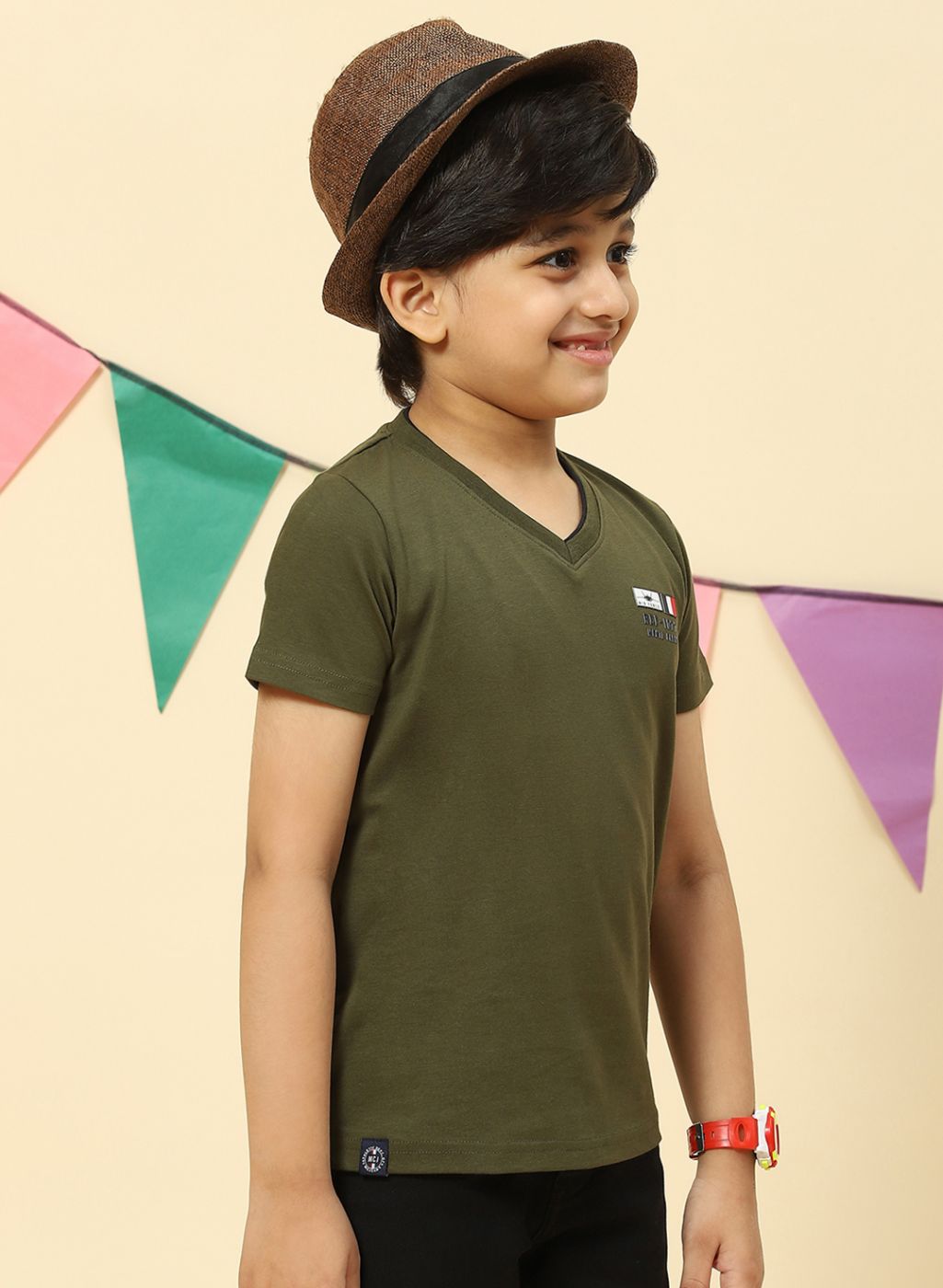 Boys Olive Printed T-Shirt