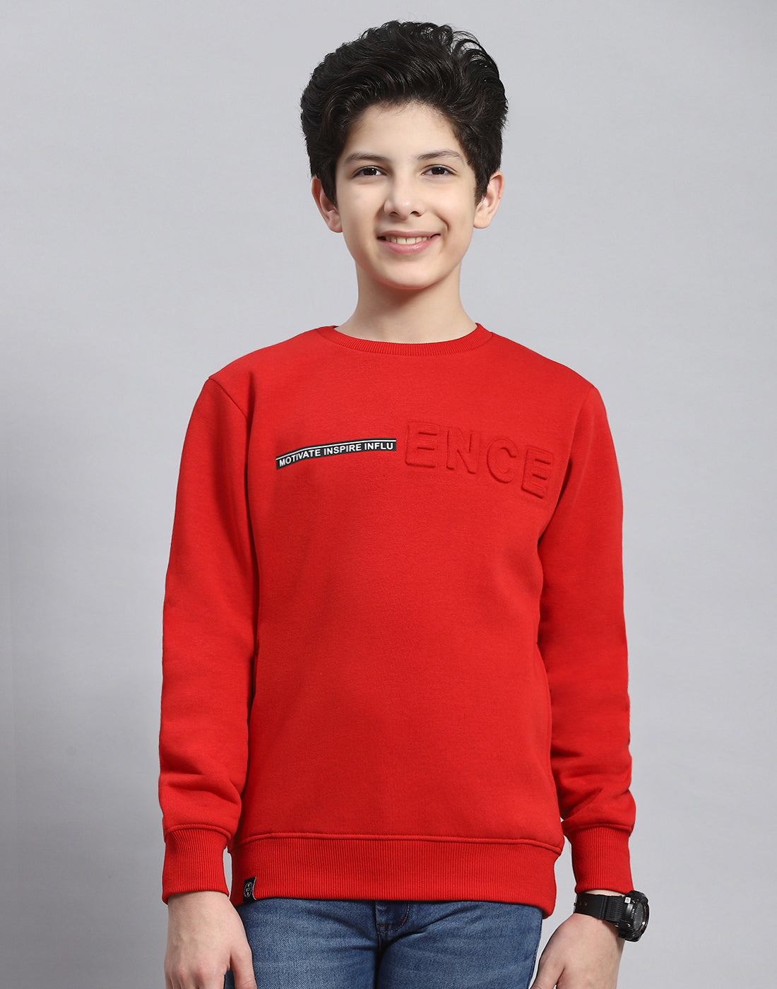 Boys Red Solid Round Neck Full Sleeve Sweatshirt