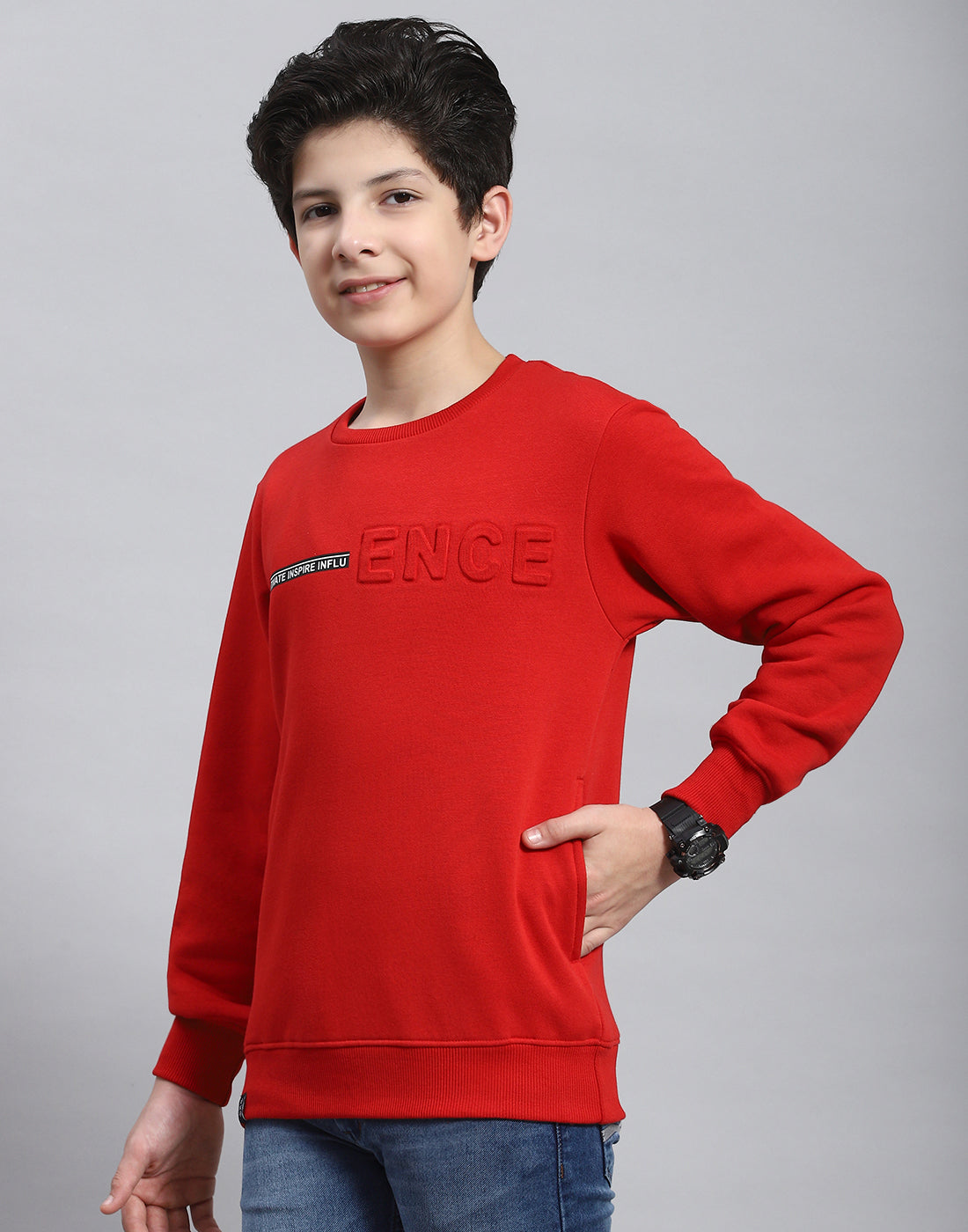 Boys Red Solid Round Neck Full Sleeve Sweatshirt