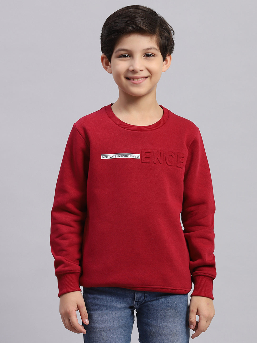 Boys Maroon Printed Round Neck Full Sleeve Sweatshirt