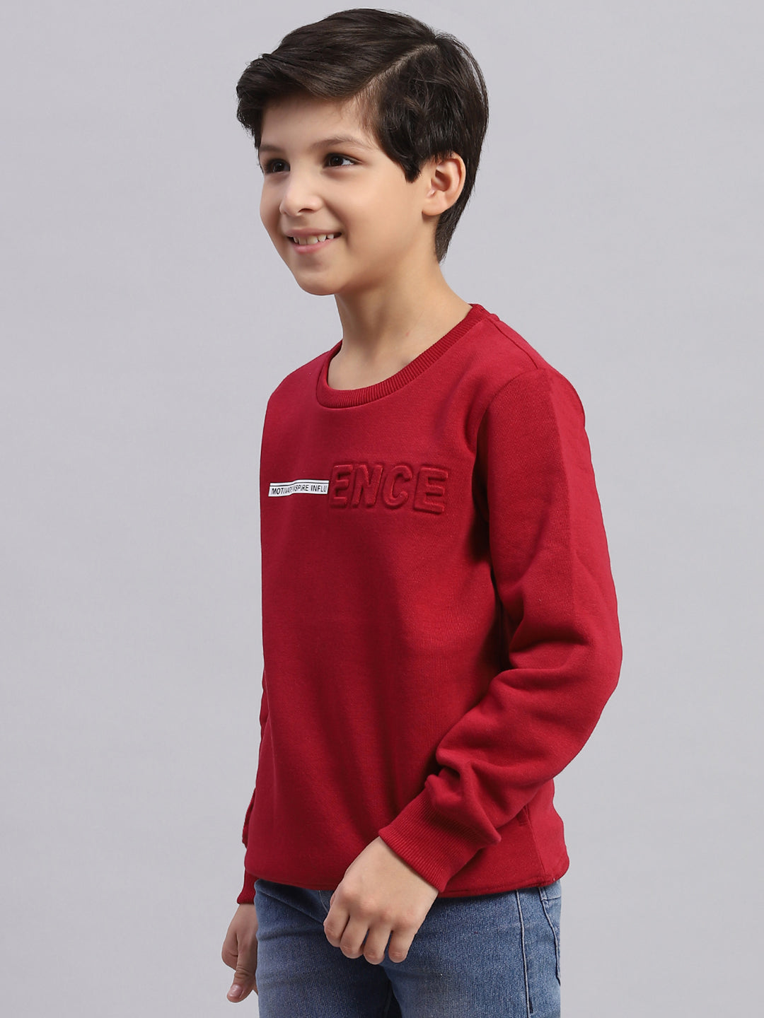 Boys Maroon Printed Round Neck Full Sleeve Sweatshirt