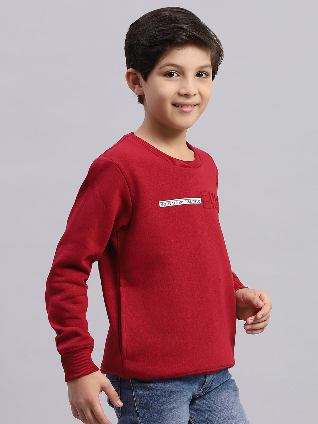 Boys Maroon Printed Round Neck Full Sleeve Sweatshirt