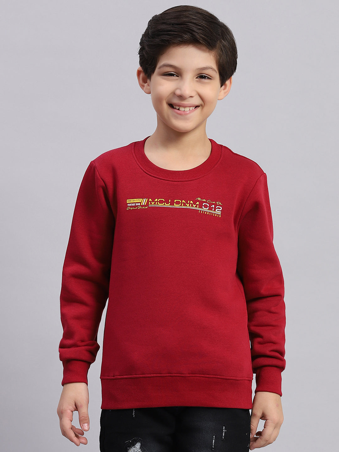 Boys Maroon Printed Round Neck Full Sleeve Sweatshirt