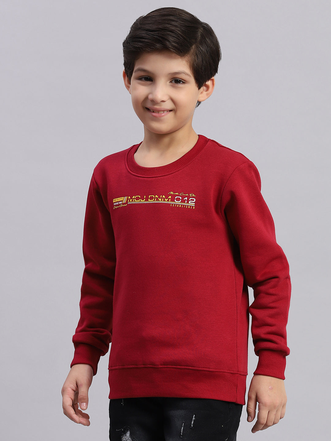 Boys Maroon Printed Round Neck Full Sleeve Sweatshirt