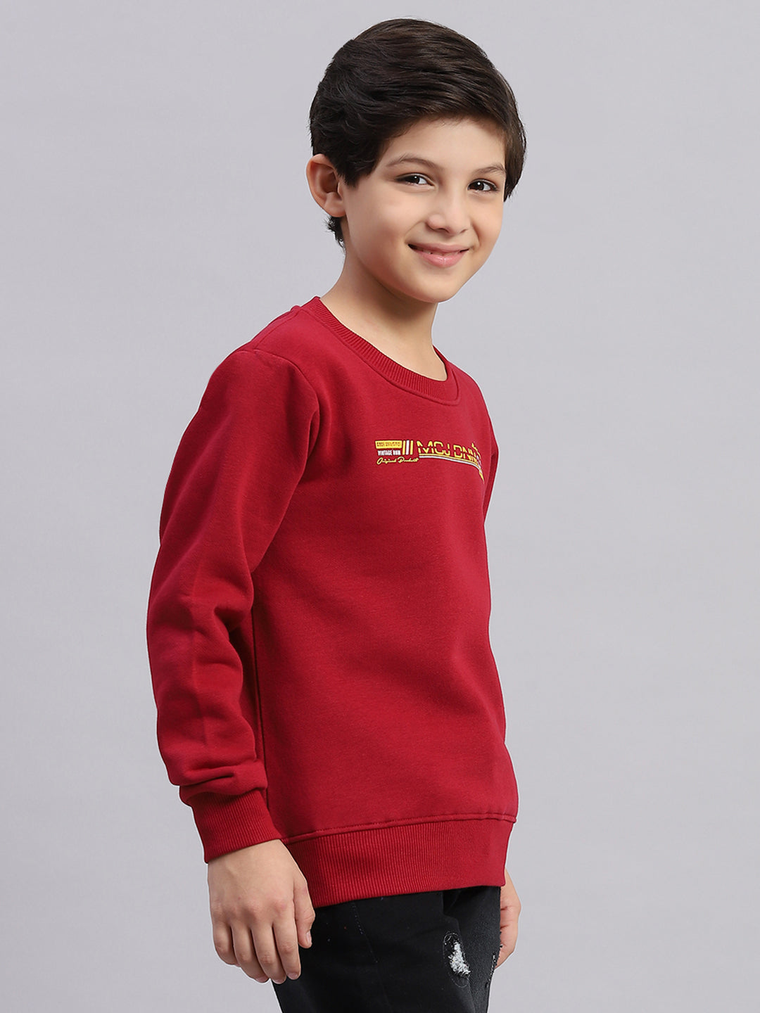 Boys Maroon Printed Round Neck Full Sleeve Sweatshirt