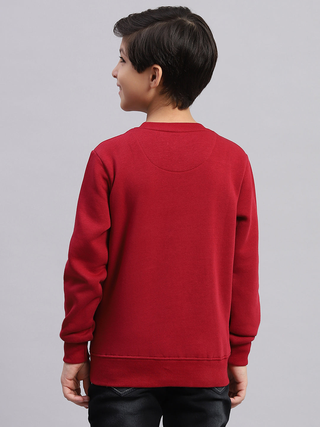 Boys Maroon Printed Round Neck Full Sleeve Sweatshirt