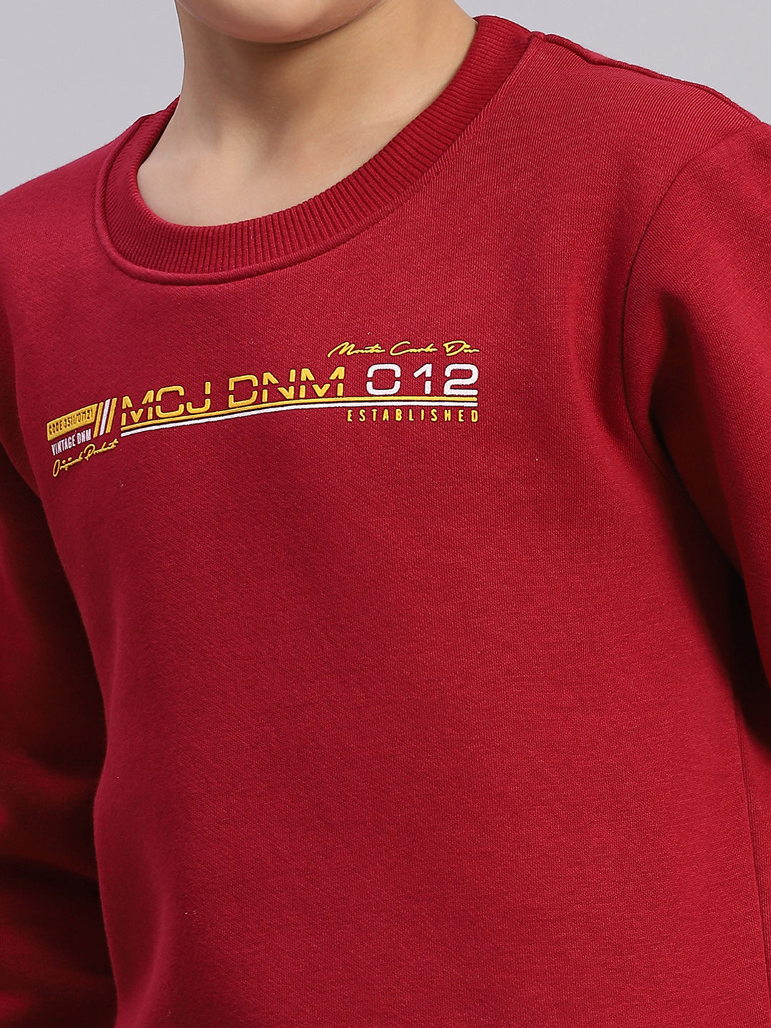 Boys Maroon Printed Round Neck Full Sleeve Sweatshirt