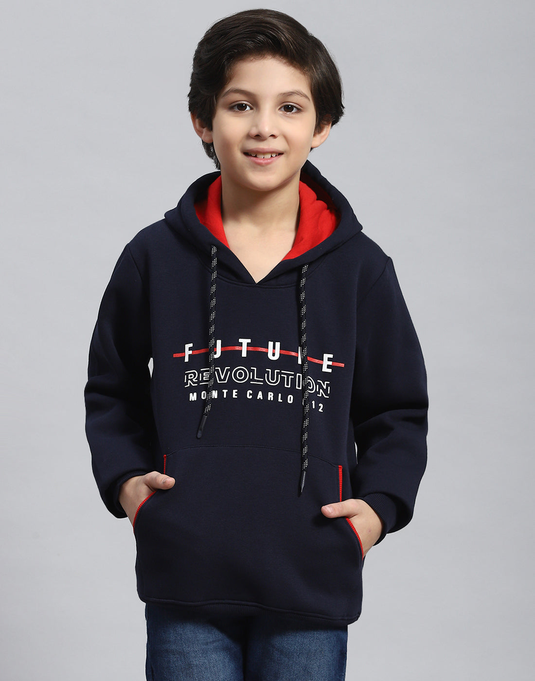 Boys Navy Blue Printed Hooded Full Sleeve Sweatshirt