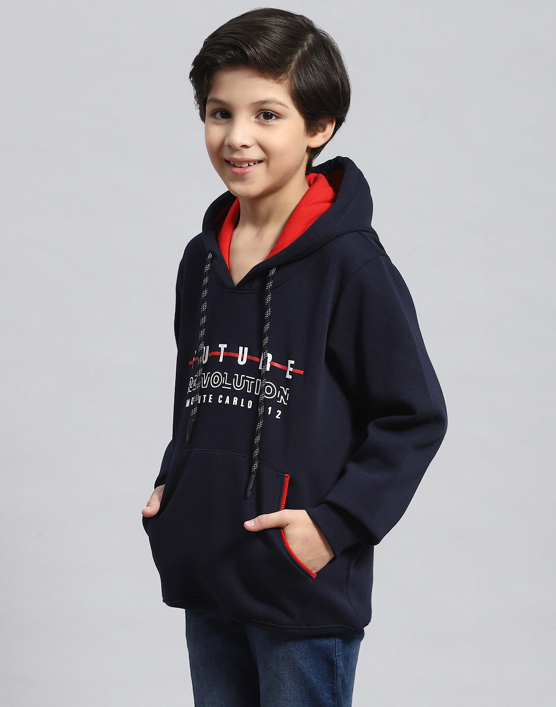 Boys Navy Blue Printed Hooded Full Sleeve Sweatshirt