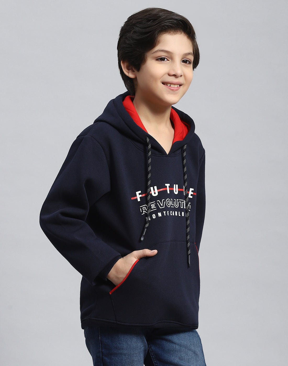 Boys Navy Blue Printed Hooded Full Sleeve Sweatshirt