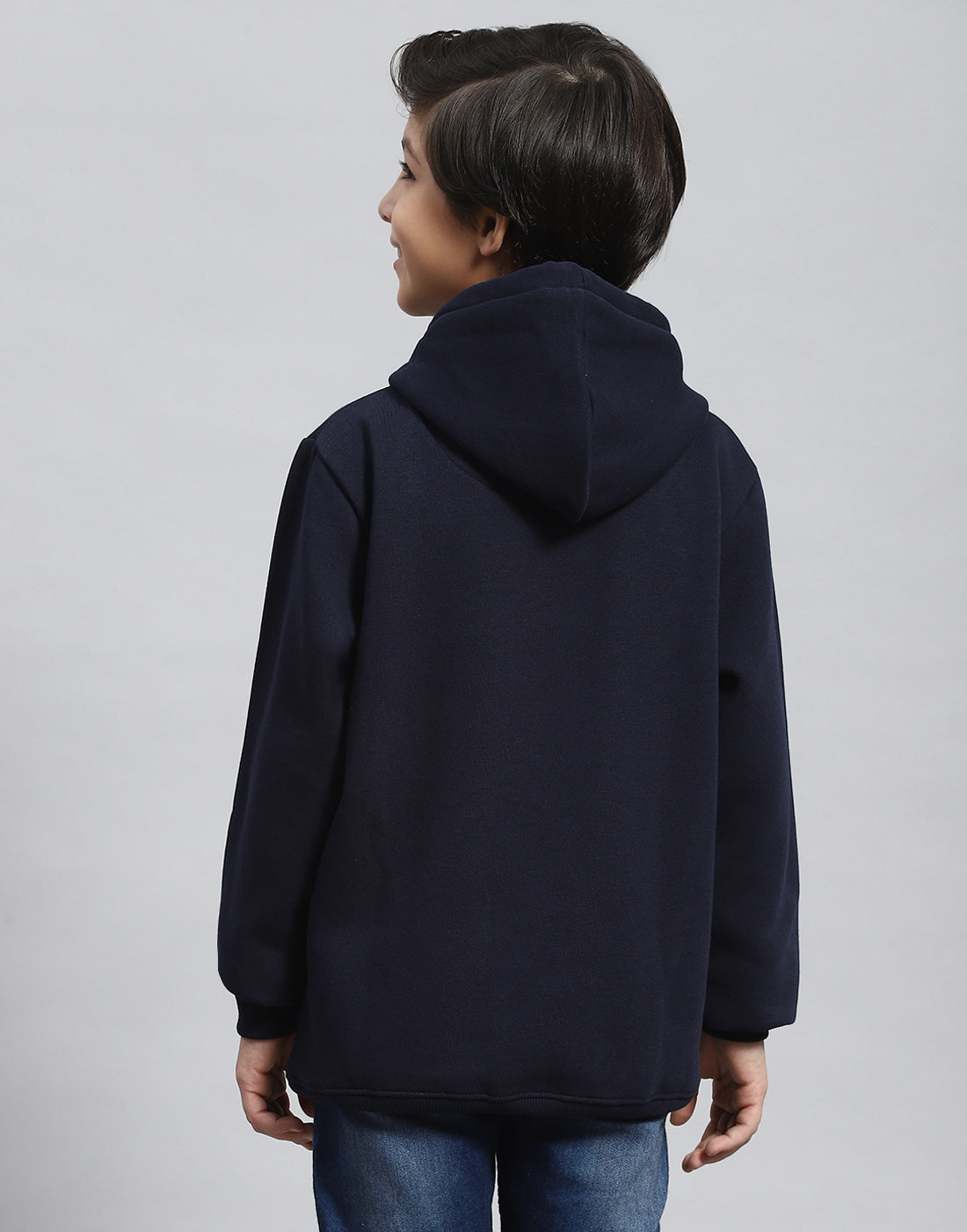 Boys Navy Blue Printed Hooded Full Sleeve Sweatshirt