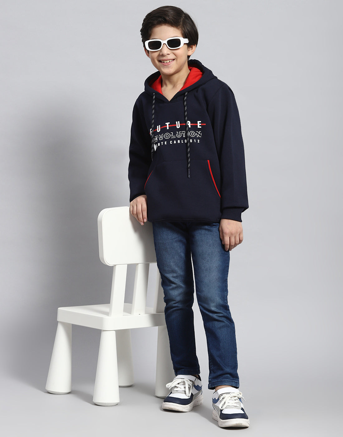 Boys Navy Blue Printed Hooded Full Sleeve Sweatshirt