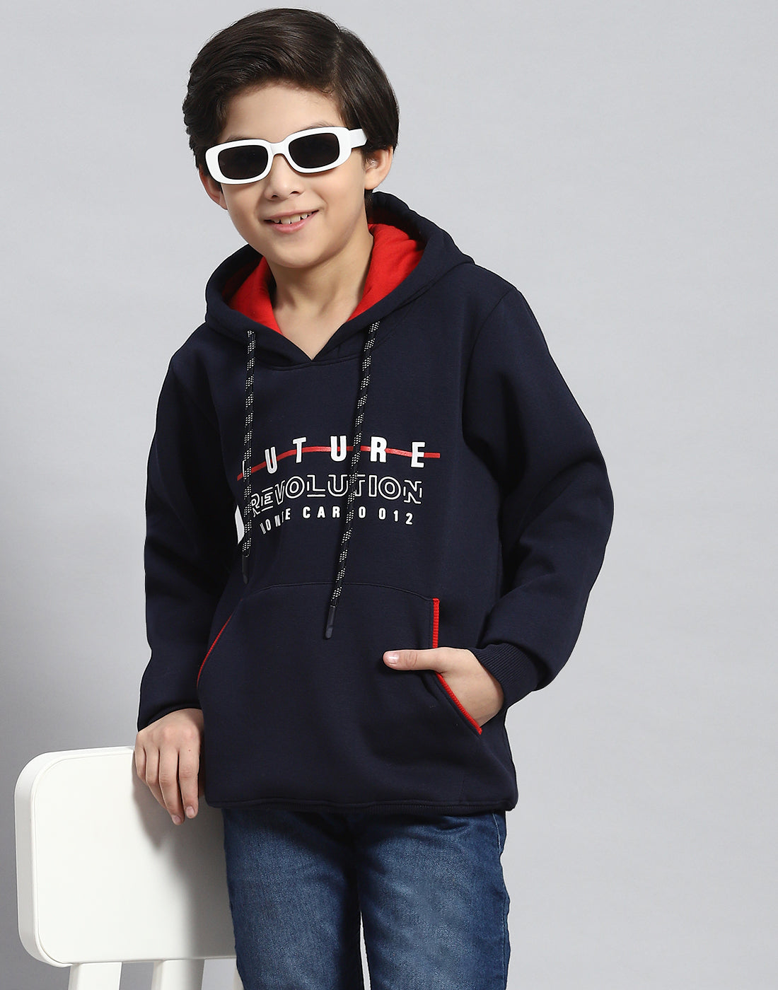 Boys Navy Blue Printed Hooded Full Sleeve Sweatshirt