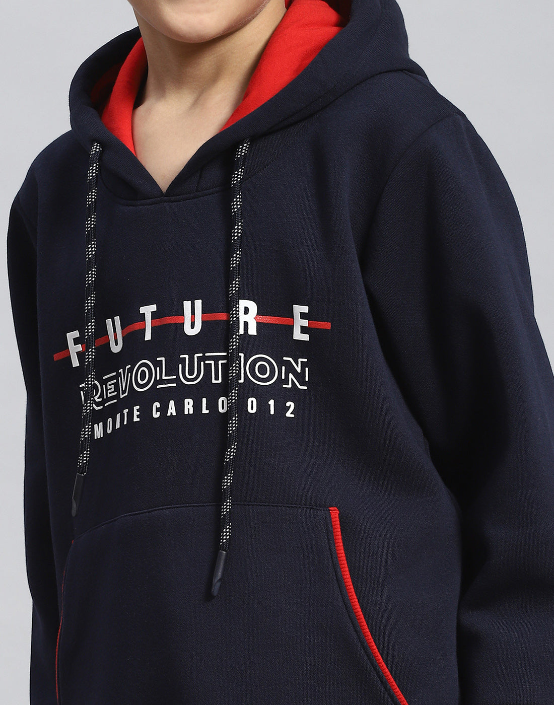 Boys Navy Blue Printed Hooded Full Sleeve Sweatshirt