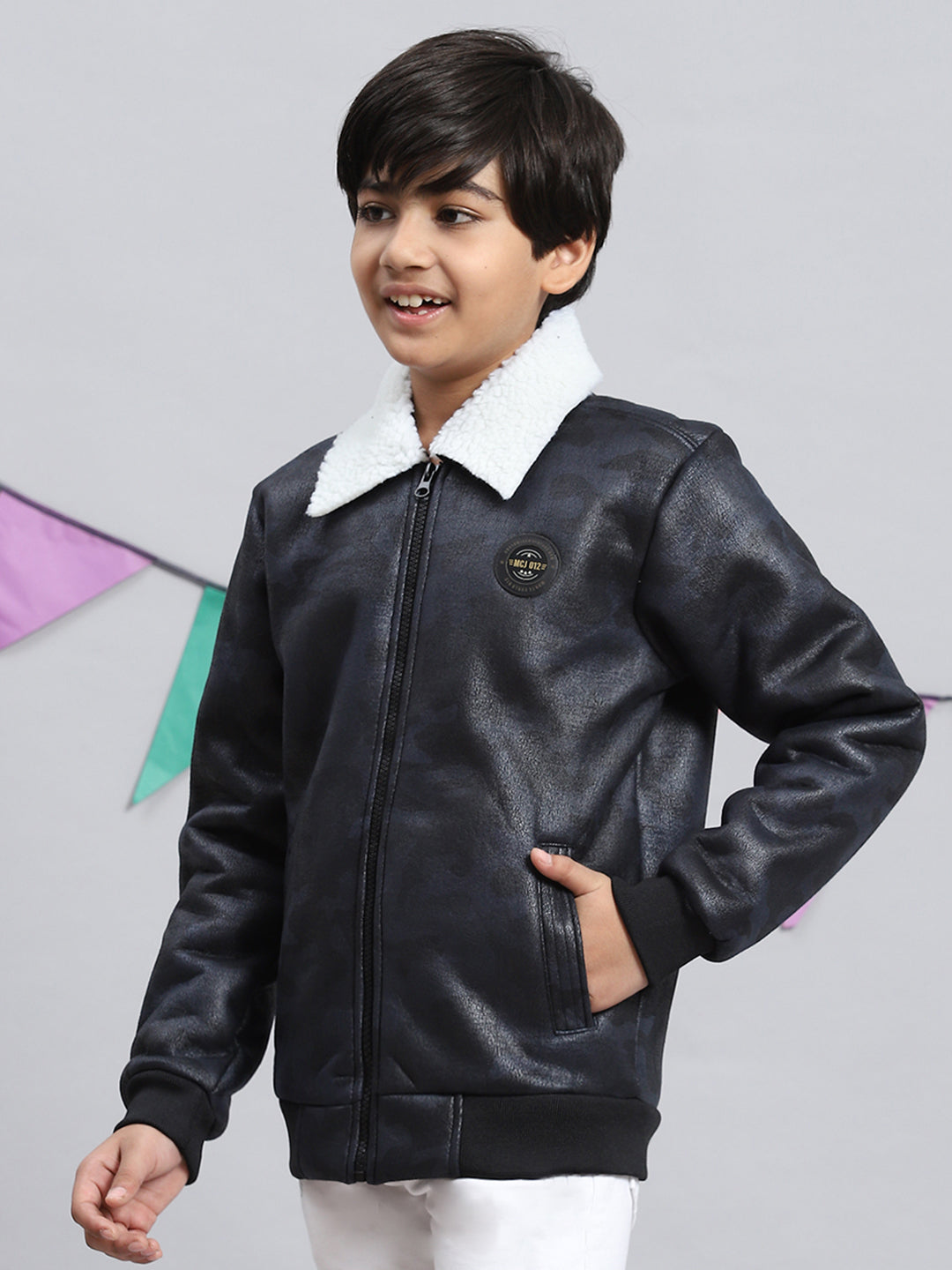 Boys Navy Blue Printed Jacket