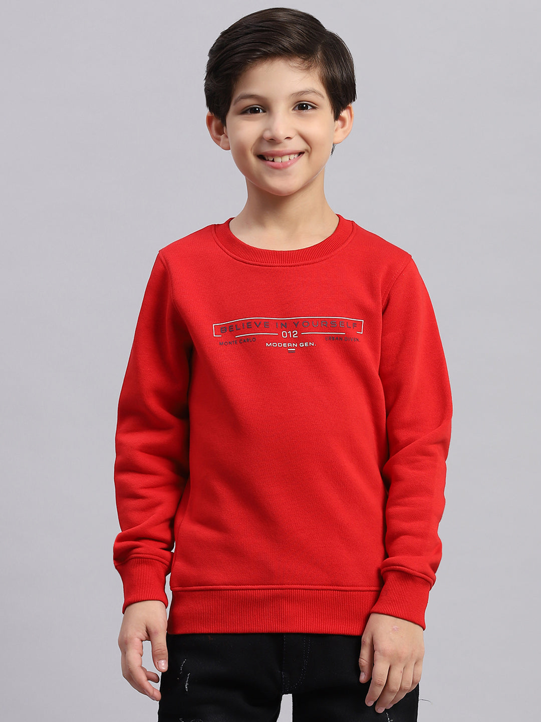 Boys Red Printed Round Neck Full Sleeve Sweatshirt