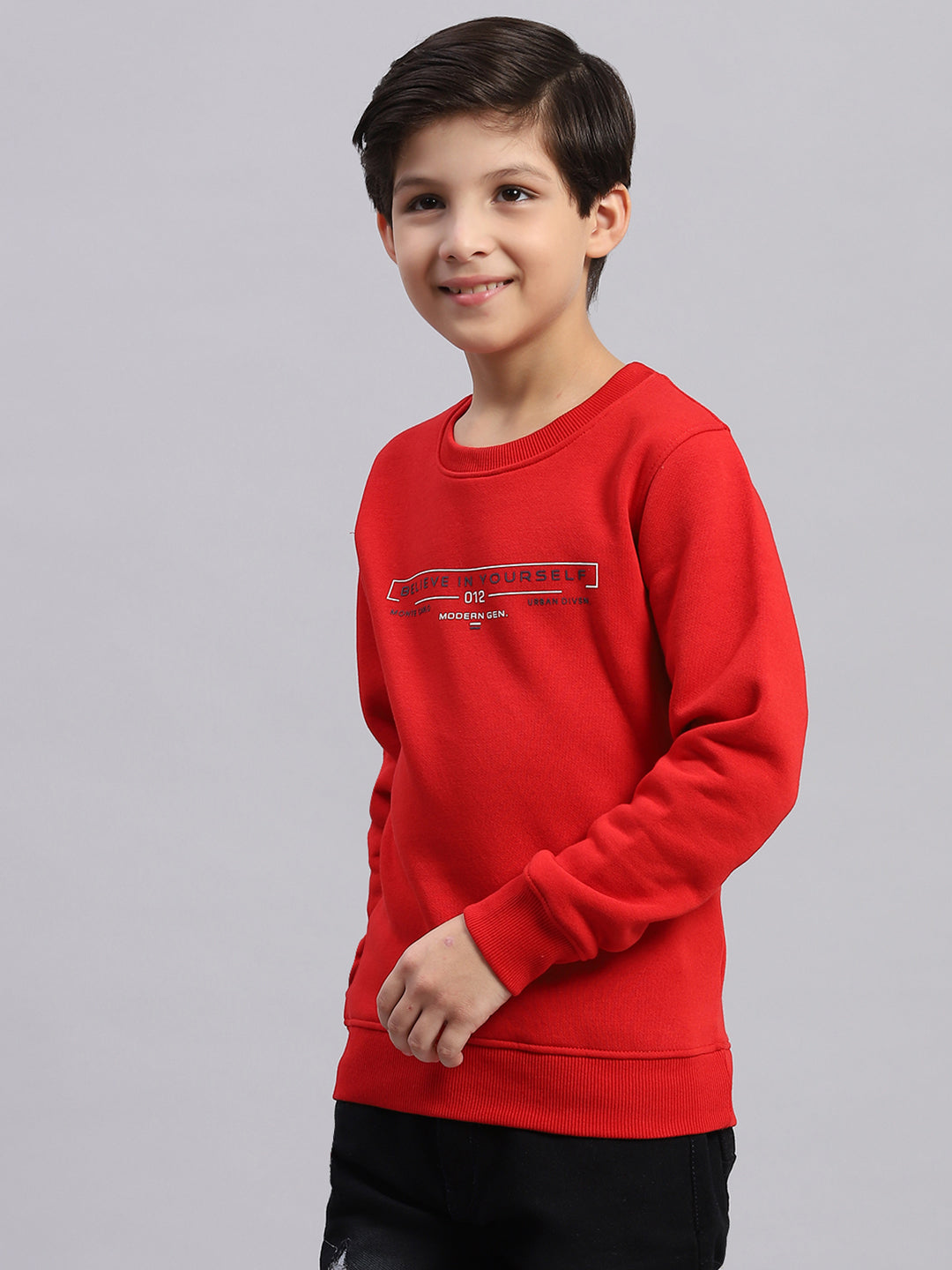 Boys Red Printed Round Neck Full Sleeve Sweatshirt