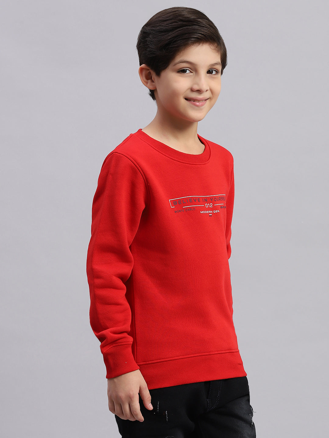 Boys Red Printed Round Neck Full Sleeve Sweatshirt