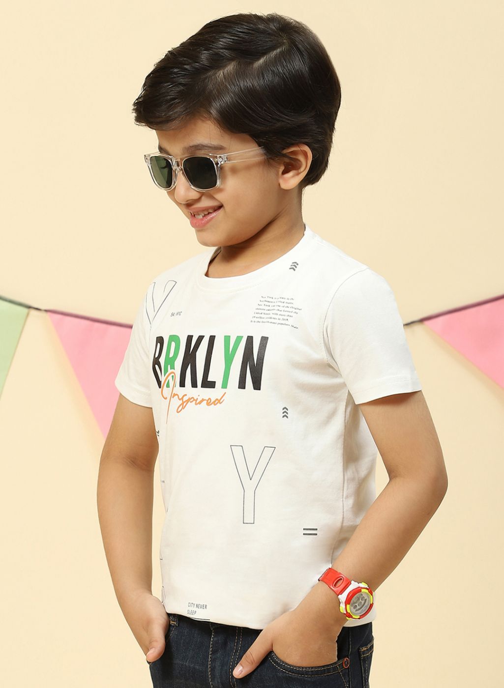 Boys Off White Printed T-Shirt